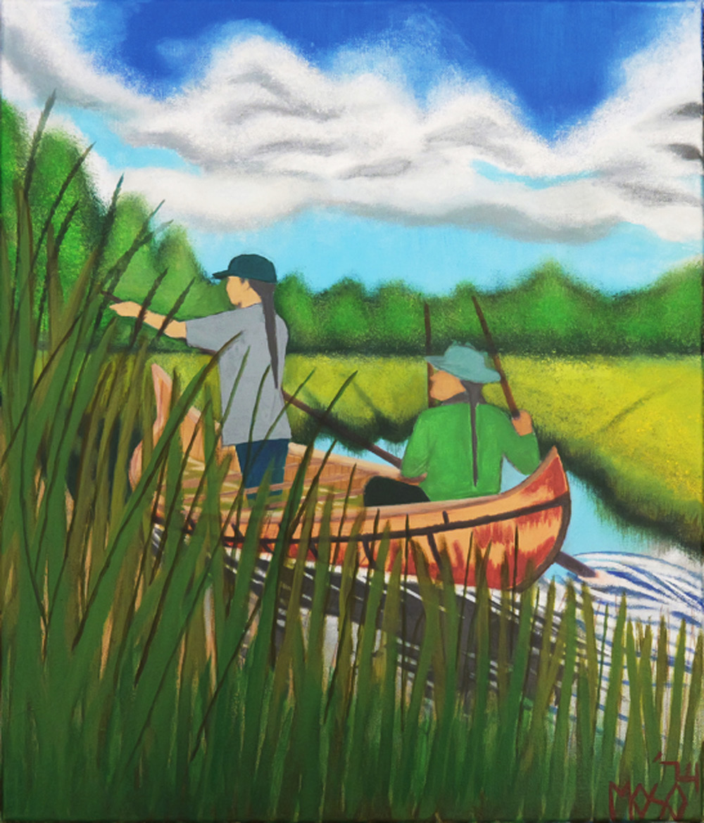 Painting of Father and Son Harvest by Shane Mineau — two figures harvesting wild rice from a red canoe